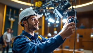 A photograph of a lighting contractor working on a complex installation in a courtroom setting