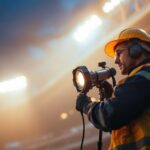 A photograph of a lighting contractor expertly installing or adjusting field lighting equipment in an outdoor sports setting