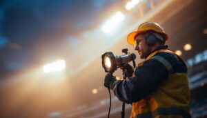 A photograph of a lighting contractor expertly installing or adjusting field lighting equipment in an outdoor sports setting