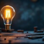 A photograph of a vintage-style light bulb glowing warmly in a dimly lit setting