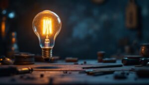 A photograph of a vintage-style light bulb glowing warmly in a dimly lit setting