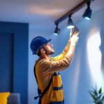 A photograph of a skilled lighting contractor expertly adjusting or installing modern track lighting in a stylish interior space