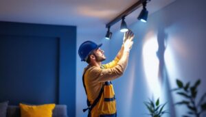 A photograph of a skilled lighting contractor expertly adjusting or installing modern track lighting in a stylish interior space