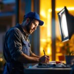 A photograph of a skilled lighting contractor at work