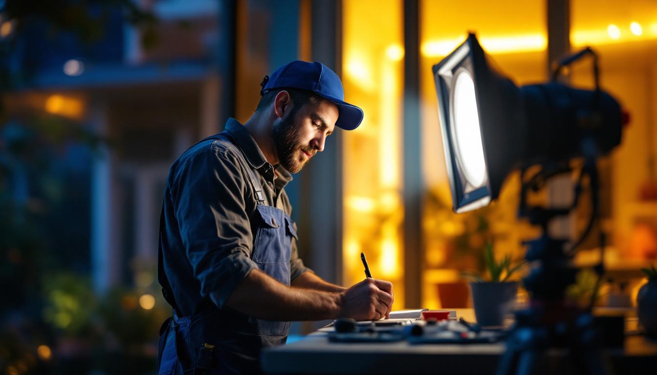 A photograph of a skilled lighting contractor at work