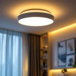 A photograph of a stylish led flushmount ceiling fixture installed in a modern living space