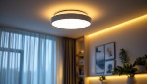 A photograph of a stylish led flushmount ceiling fixture installed in a modern living space