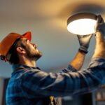 A photograph of a lighting contractor expertly installing a modern ceiling light fixture in a stylish home interior