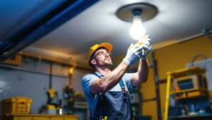 A photograph of a lighting contractor skillfully replacing a garage light fixture