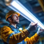 A photograph of a lighting contractor installing or inspecting a t5 led light tube in a commercial or industrial setting