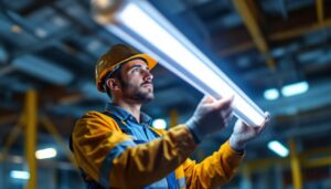 A photograph of a lighting contractor installing or inspecting a t5 led light tube in a commercial or industrial setting