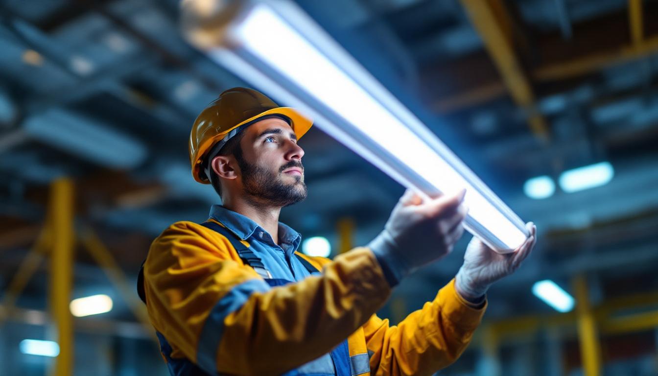 A photograph of a lighting contractor installing or inspecting a t5 led light tube in a commercial or industrial setting