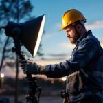 A photograph of a lighting contractor skillfully setting up portable outdoor lights at a job site during twilight