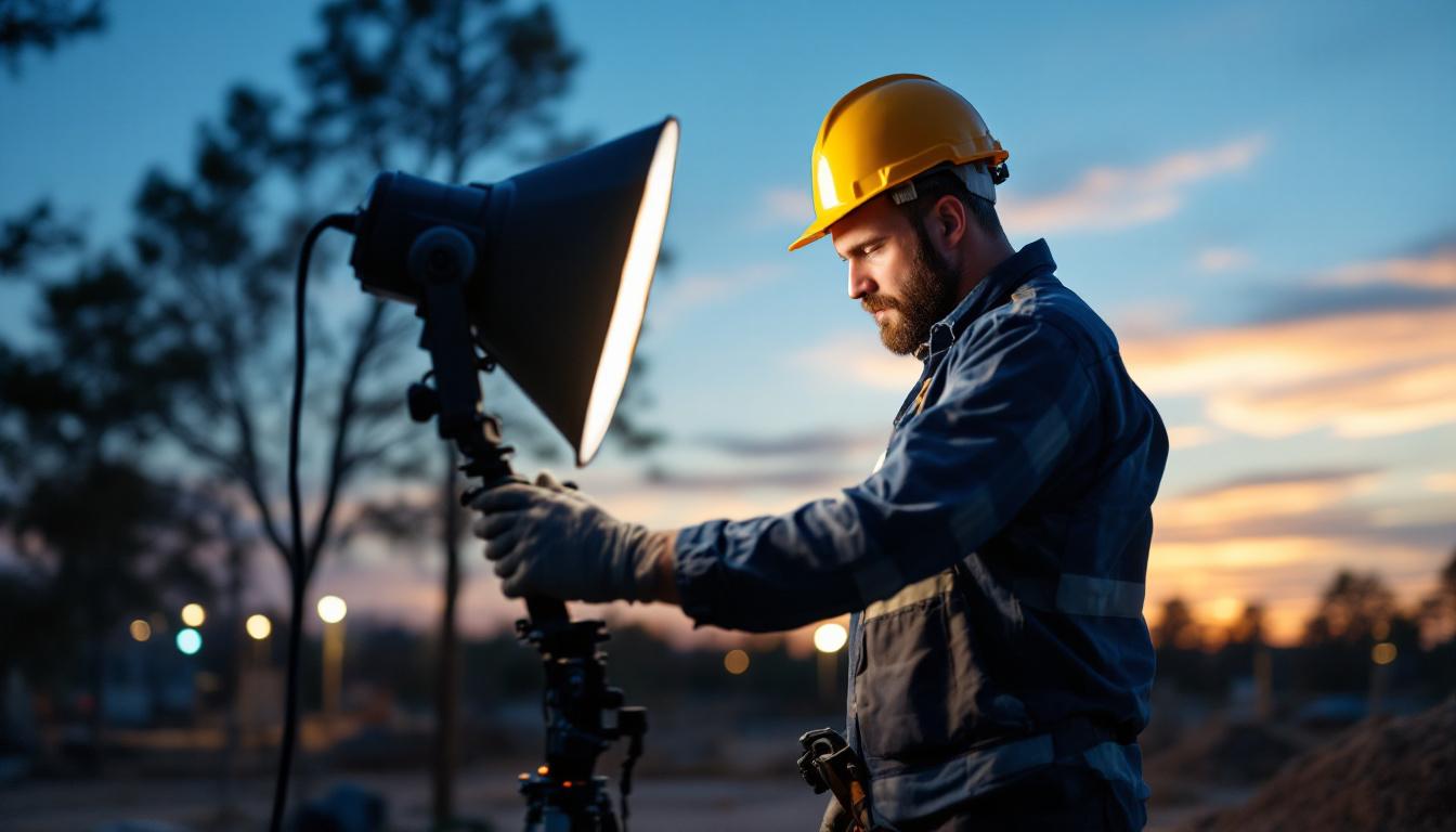 A photograph of a lighting contractor skillfully setting up portable outdoor lights at a job site during twilight
