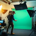 A photograph of a lighting contractor setting up a green screen in a well-lit studio