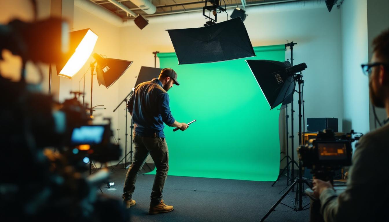 A photograph of a lighting contractor setting up a green screen in a well-lit studio