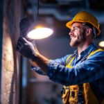 A photograph of a lighting contractor installing or showcasing a 100w led light in a real-world setting