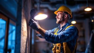 A photograph of a lighting contractor installing or showcasing a 100w led light in a real-world setting