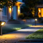 A photograph of a well-lit outdoor area showcasing strategically placed security flood lights illuminating a driveway or backyard