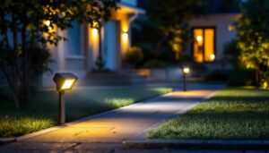 A photograph of a well-lit outdoor area showcasing strategically placed security flood lights illuminating a driveway or backyard