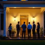 A photograph of a well-lit porch featuring stylish sconces