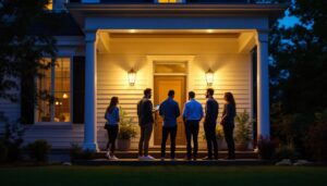 A photograph of a well-lit porch featuring stylish sconces