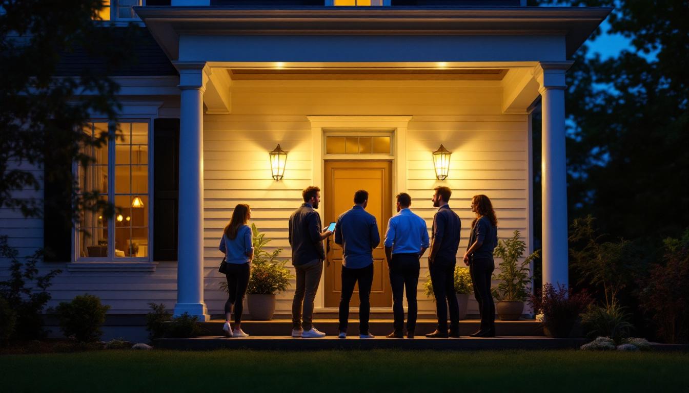 A photograph of a well-lit porch featuring stylish sconces