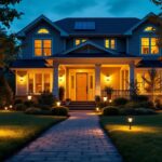 A photograph of a beautifully illuminated front yard showcasing various solar lights in action during twilight