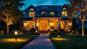 A photograph of a beautifully illuminated front yard showcasing various solar lights in action during twilight