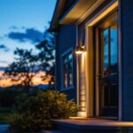 A photograph of a beautifully illuminated porch featuring motion sensor lights in action