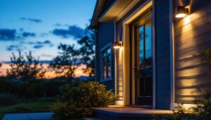 A photograph of a beautifully illuminated porch featuring motion sensor lights in action
