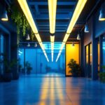 A photograph of a well-lit indoor or outdoor space showcasing 8-foot fluorescent bulbs in use