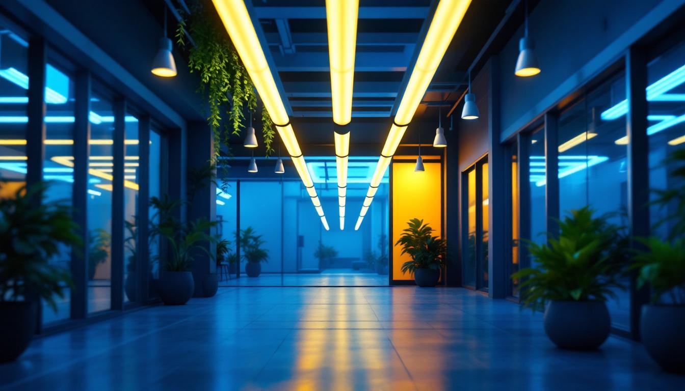 A photograph of a well-lit indoor or outdoor space showcasing 8-foot fluorescent bulbs in use