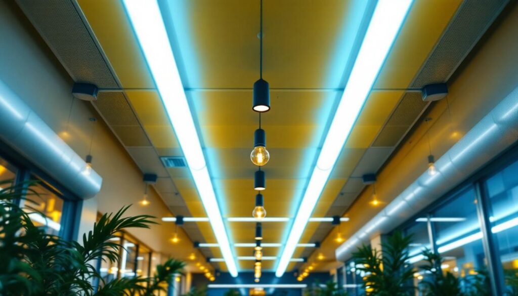 A photograph of a modern lighting installation featuring f32t8 tl850 fluorescent tubes in a commercial setting