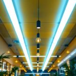A photograph of a modern lighting installation featuring f32t8 tl850 fluorescent tubes in a commercial setting