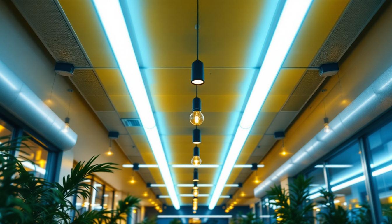A photograph of a modern lighting installation featuring f32t8 tl850 fluorescent tubes in a commercial setting