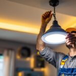 A photograph of a skilled lighting contractor installing a 4-inch led light fixture in a modern residential setting