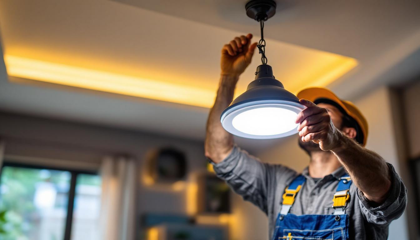 A photograph of a skilled lighting contractor installing a 4-inch led light fixture in a modern residential setting