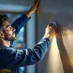 A photograph of a lighting contractor expertly installing a canned light insert in a modern home setting