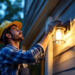 A photograph of a skilled lighting contractor installing a flush porch light in a residential setting