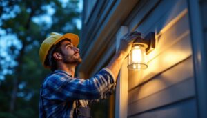 A photograph of a skilled lighting contractor installing a flush porch light in a residential setting