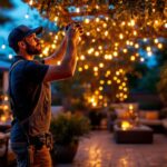 A photograph of a lighting contractor skillfully installing led light strings in a beautifully decorated outdoor space