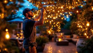 A photograph of a lighting contractor skillfully installing led light strings in a beautifully decorated outdoor space