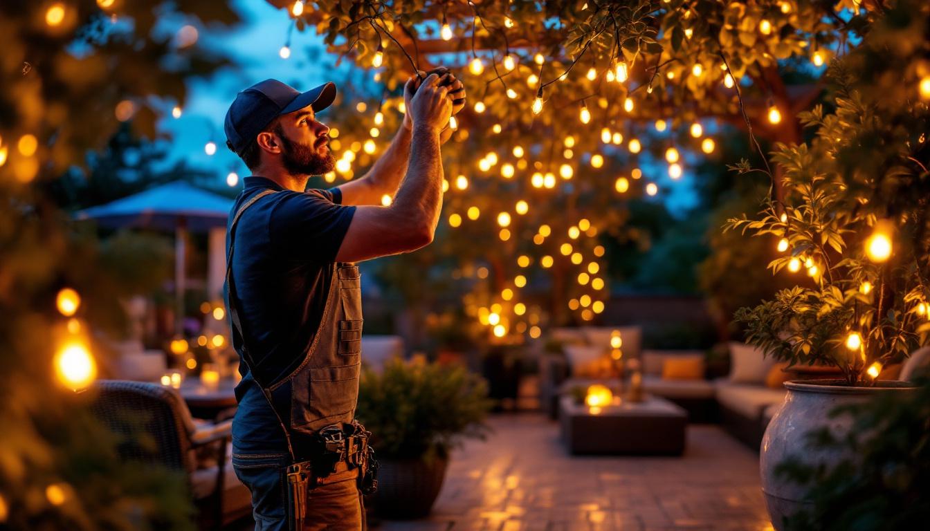 A photograph of a lighting contractor skillfully installing led light strings in a beautifully decorated outdoor space