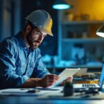 A photograph of a lighting contractor evaluating various lighting options