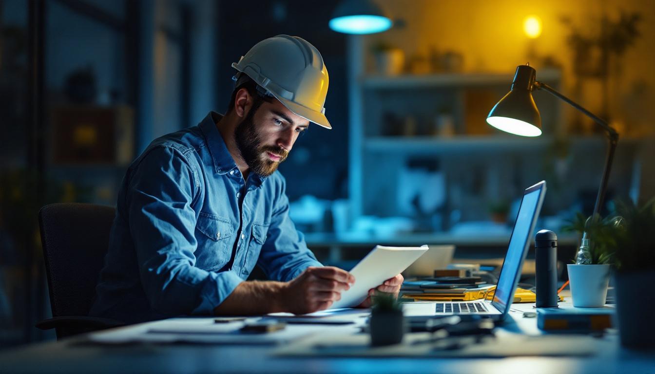 A photograph of a lighting contractor evaluating various lighting options