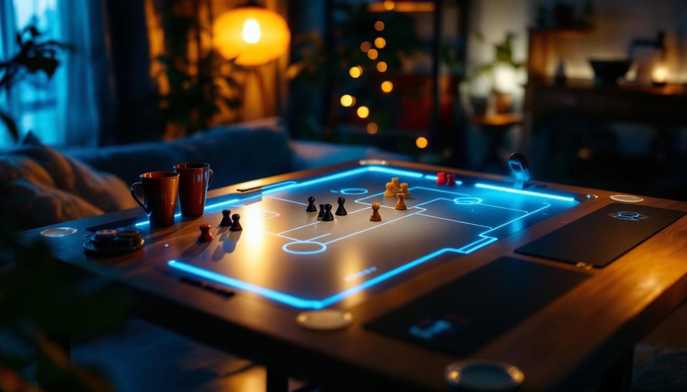 A photograph of a beautifully illuminated game table set in a cozy