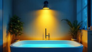 A photograph of a well-lit interior space featuring a stylish tub light installation