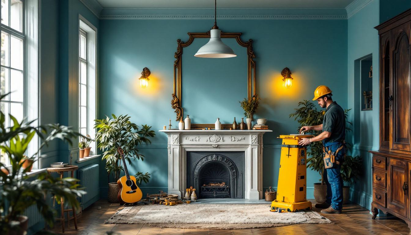 A photograph of a beautifully restored 1800s-style room featuring vintage lighting fixtures