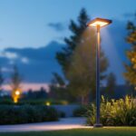 A photograph of a beautifully designed led solar lamp post illuminating a modern outdoor space at dusk